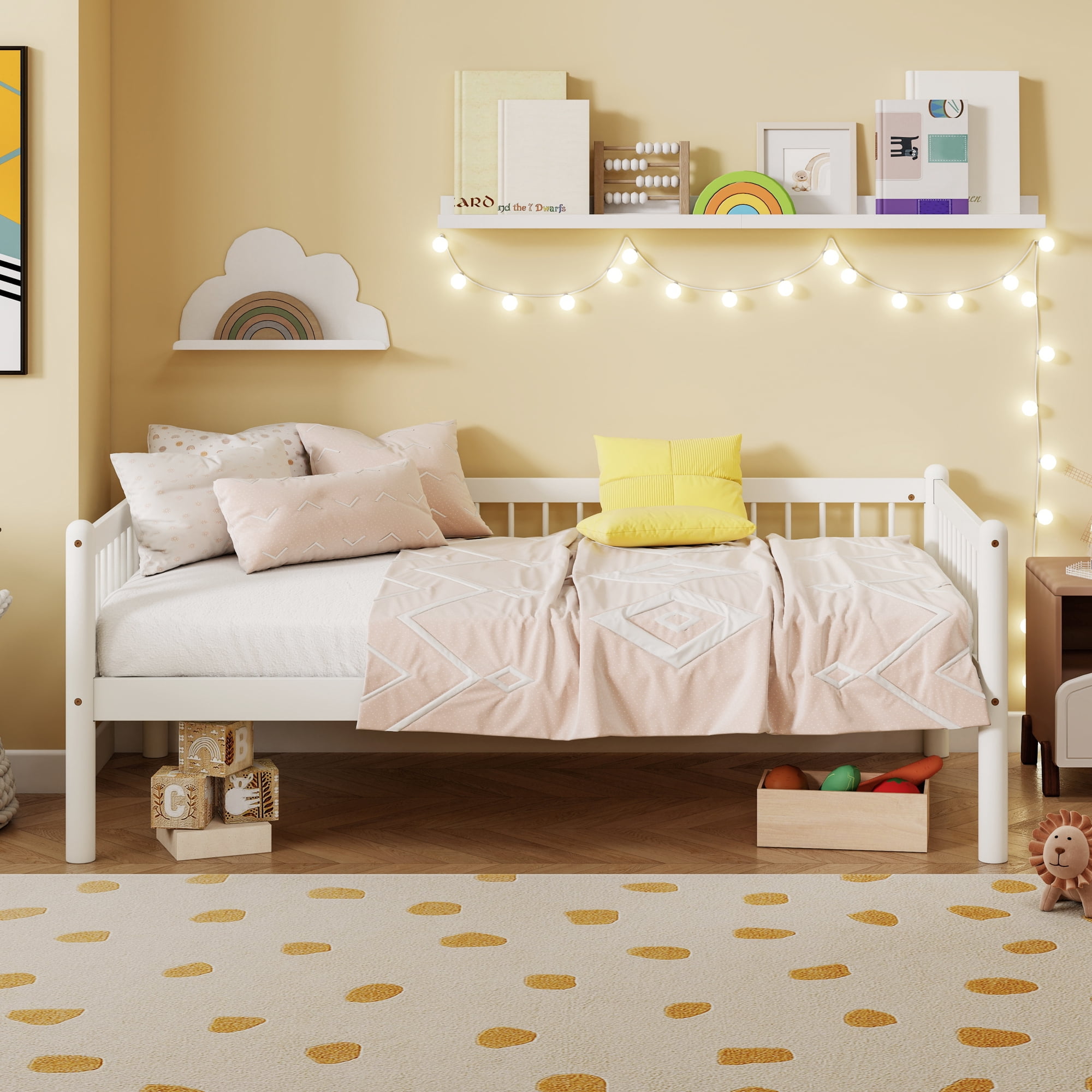 HOQBN Twin Size Pine Wood Daybed, Sofa Bed Frame with 3-Side Guardrails and 10 Support Slats for Bedroom, White