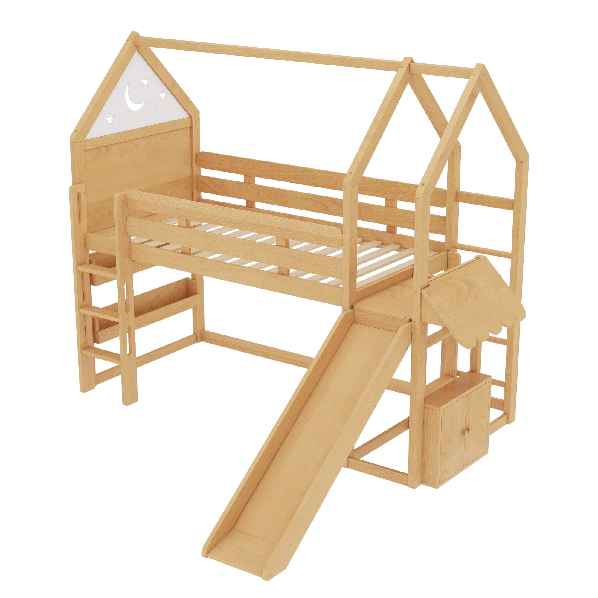 Yoneston Twin House Shaped Loft Bed with Slide and Bookshelf, Starry Moon Platform House Bed with Stairs, Roof & Guardrails for Kids Teens Bedroom Playhouse, Natural
