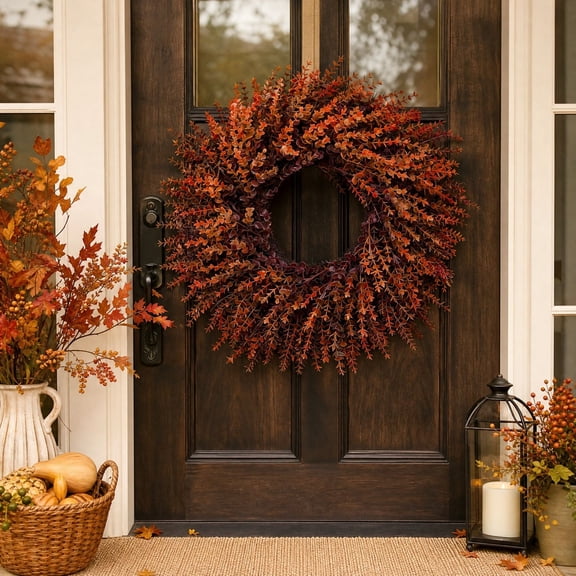 Fall Eucalyptus Wreath for Front Door, Autumn Orange Foliage Wreath for Thanksgiving Wall Porch Home Seasonal Decor