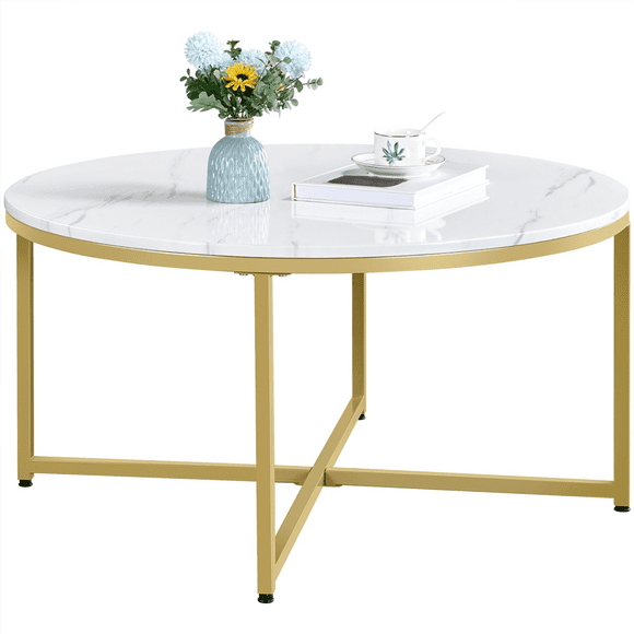 Yaheetech Round Faux Marble Coffee Table with Metal Legs, Gold