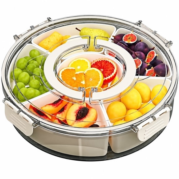 6 Compartment Snackle Box with Lid, Round Divided Serving Tray, Portable Snack Container for Fruits, Veggies, Candy and Nuts