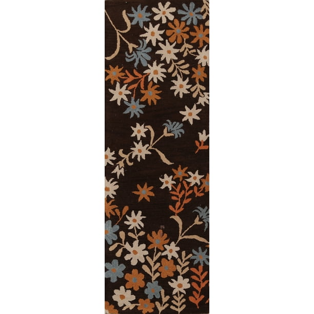 Dark Brown Floral Agra Oriental Hallway Runner Rug HandTufted 3x8