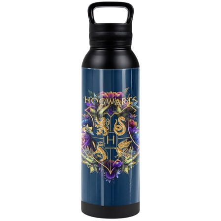 Harry Potter Official Hogwarts Multi-Colored Floral Crest 24 oz Insulated Canteen Water Bottle, Leak Resistant, Vacuum Insulated Stainless Steel with Loop Cap, Black