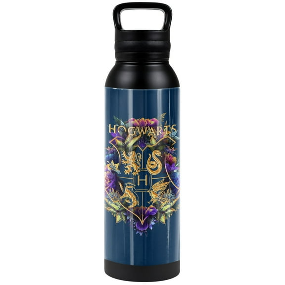 Harry Potter Official Hogwarts Multi-Colored Floral Crest 24 oz Insulated Canteen Water Bottle, Leak Resistant, Vacuum Insulated Stainless Steel with Loop Cap, Black