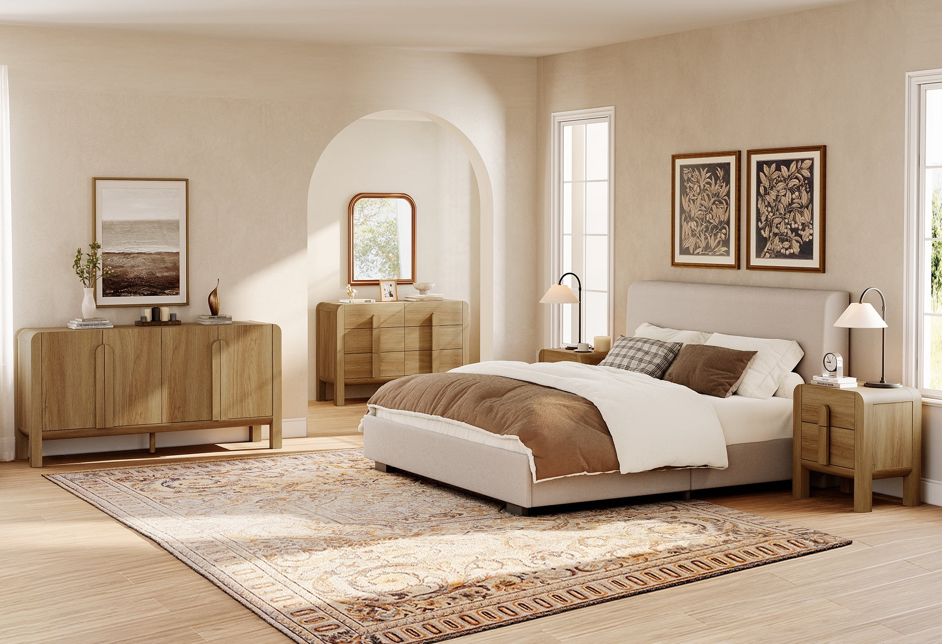 6 Drawer Dresser and Nightstand Sets for Bedroom, 4 Pcs Bedroom Set，Night Stand Set of 2, Modern Accent Chest with Curved Profile Design, Wooden Mid Century Storage Cabinet Set
