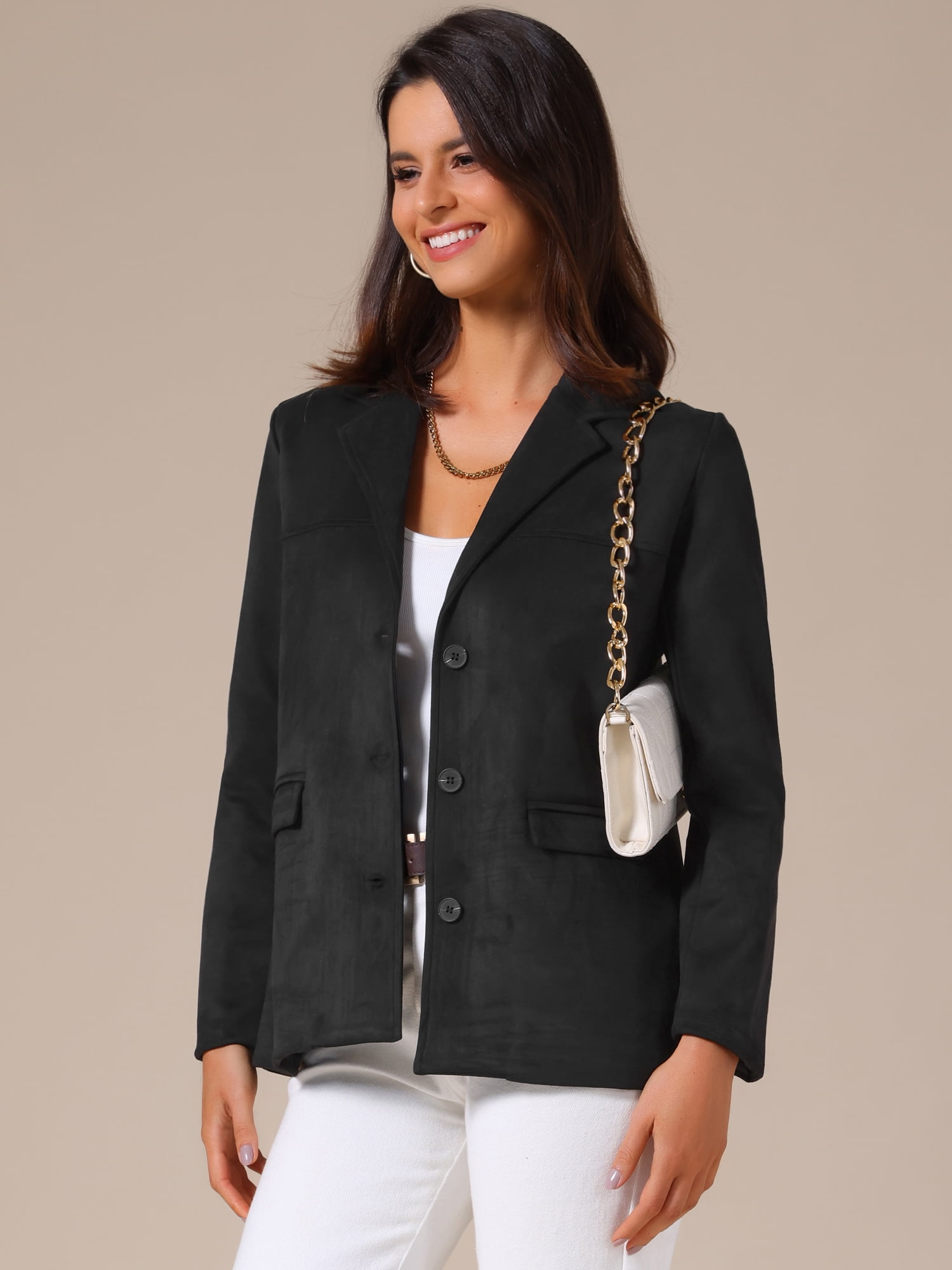 DARING DIVA Women's Faux Suede Lapel Open Front Long Sleeve Blazer Jacket L Black