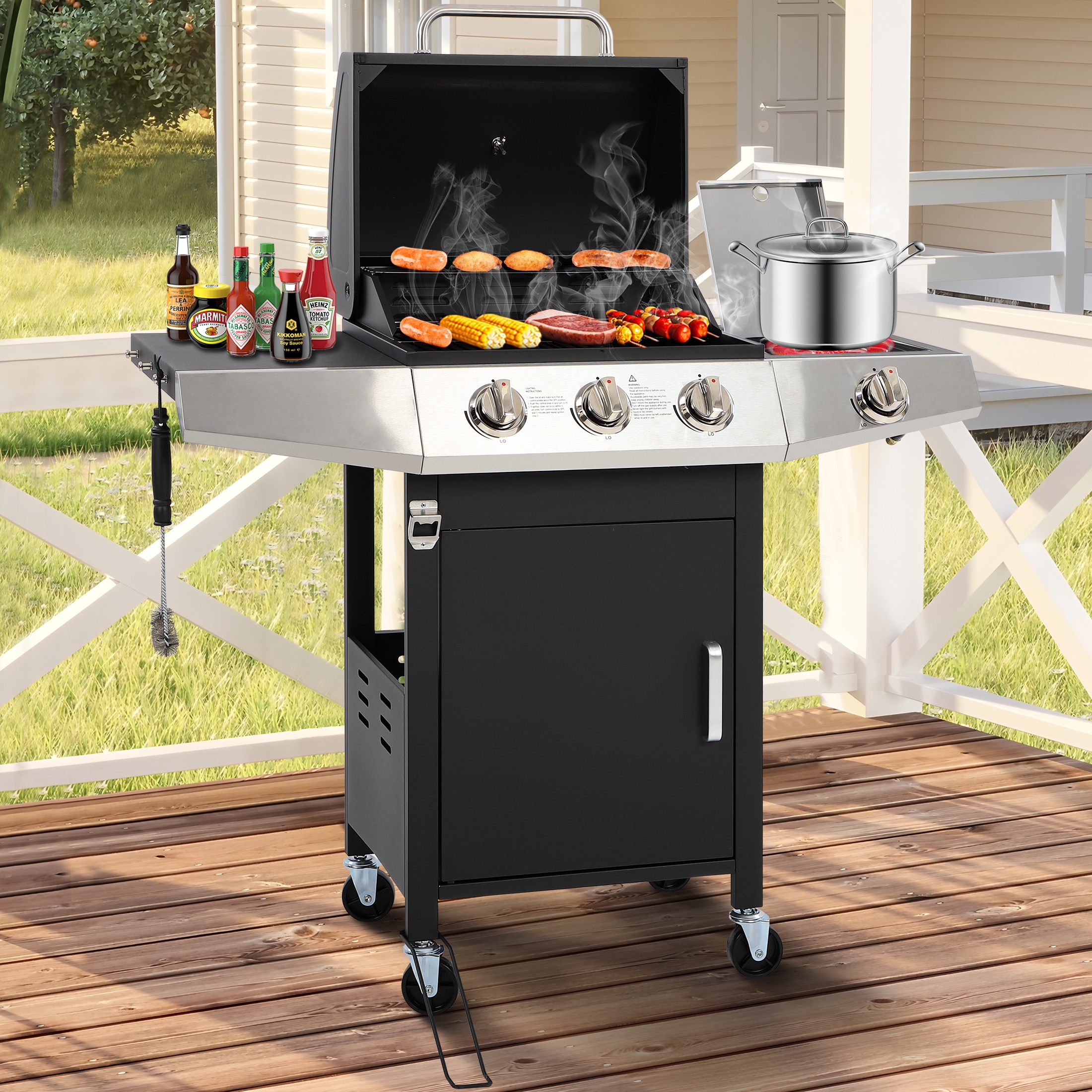 3-Burner Propane Gas Grill with Side Burner, Gas BBQ Grill with Thermometer, Bottle Opener, and Tool Hooks, 40000 BTU Output, Fit for Patio Camping Outdoor Cooking