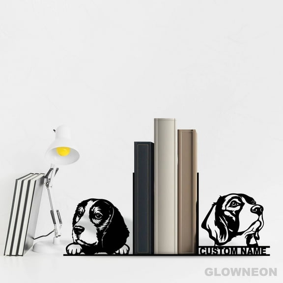 Glowneon Personalized Beagle Dog Metal Book Holder, Bookend Metal Art