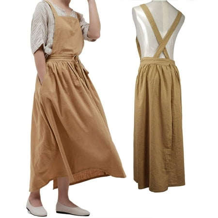

Apron Pleated Cotton Long Apron X Back Kitchen Garden Florist Work Clothes Bib Dress (Toffee 38.5x34.6in)
