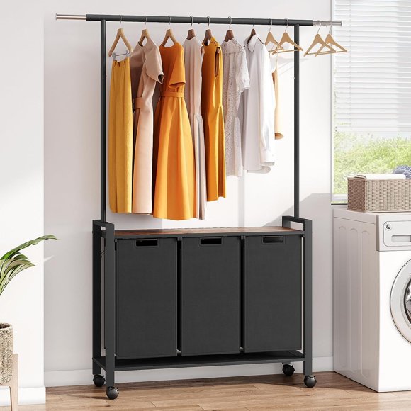 Towallmark Laundry Sorter 3 Section Laundry Hamper Sorter with Clothes Hanging Rod and Wooden Storage Shelf 3 X 13gal Laundry Basket Organizer for Laundry Room Organization Storage Baskets, Black