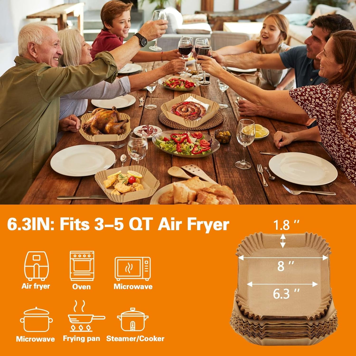 JJEAN-200Pcs Air Fryer Paper Liners, 6.3 Inch Square Disposable Air Fryer Liner, Non-stick Parchment Paper for Frying Baking Roasting Microwave Oven