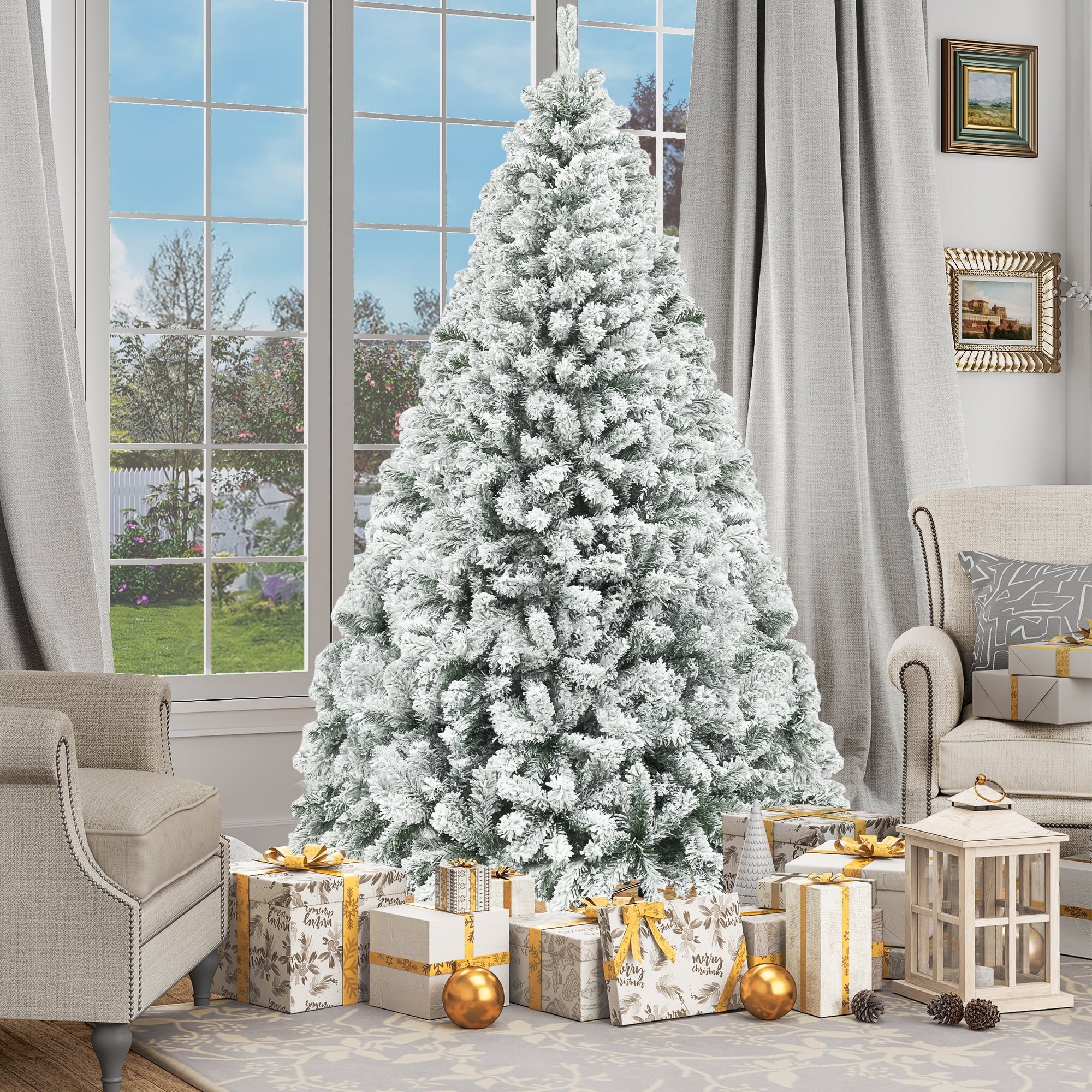 Uforic 6ft Snow Flocked Artificial Christmas Pine Tree with 880 Branch Tips and Foldable Metal Base for Home, Store, and Office Decoration, White