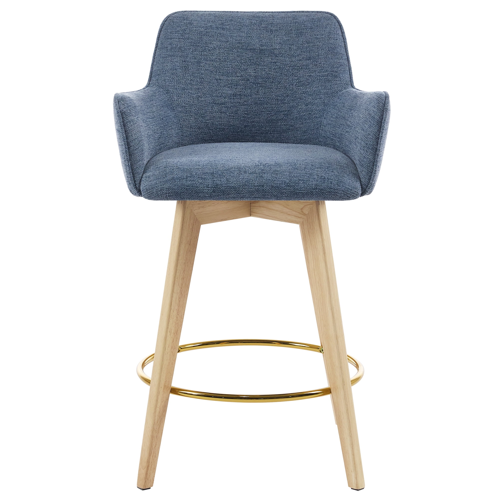 Zesthouse 25.8" Modern Bar Stools Counter Height, Swivel Single Bar Stool for Kitchen Island, Upholstered Linen Barstools with Barrel Back, Arms and Solid Wood Legs, Blue
