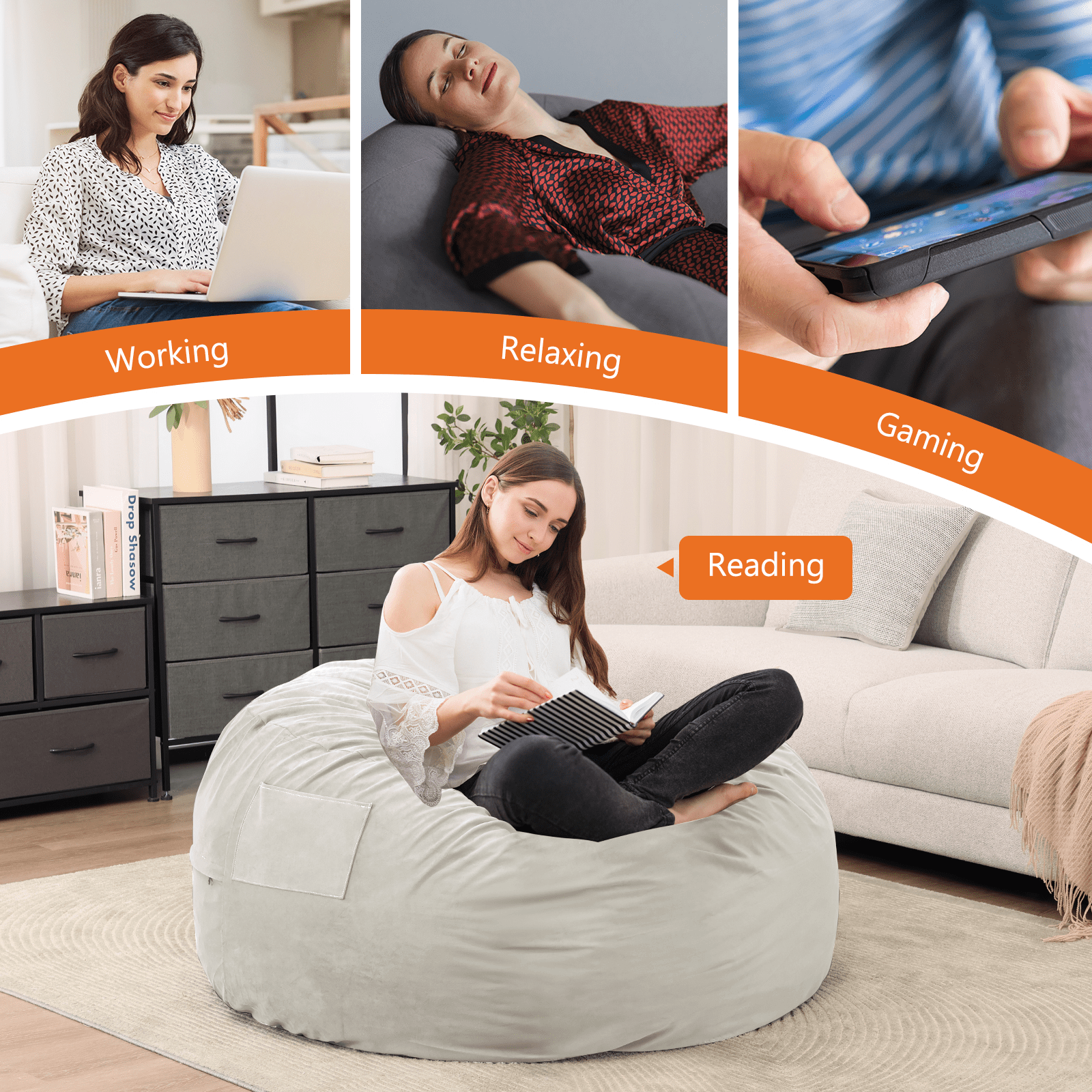 MAYEERTY Bean Bag Chair for Adults, Foam Filled Furniture with Soft Removable Cover, Comfy Kids Sofa for Living Room Bedroom Dorm, 4 Feet