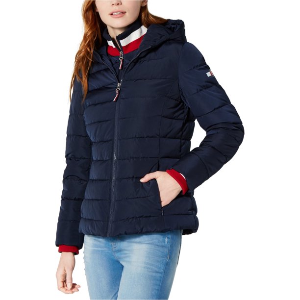 Tommy Hilfiger - Chaqueta acolchada con capucha para mujer, azul, pequeña Tommy Hilfiger Chaqueta acolchada