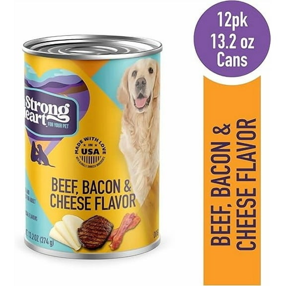 A Strong Heart Wet Dog Food, Beef, Bacon & Cheese Flavor - 13.2 oz Cans (Pack of 12), Made in The USA with Real Beef