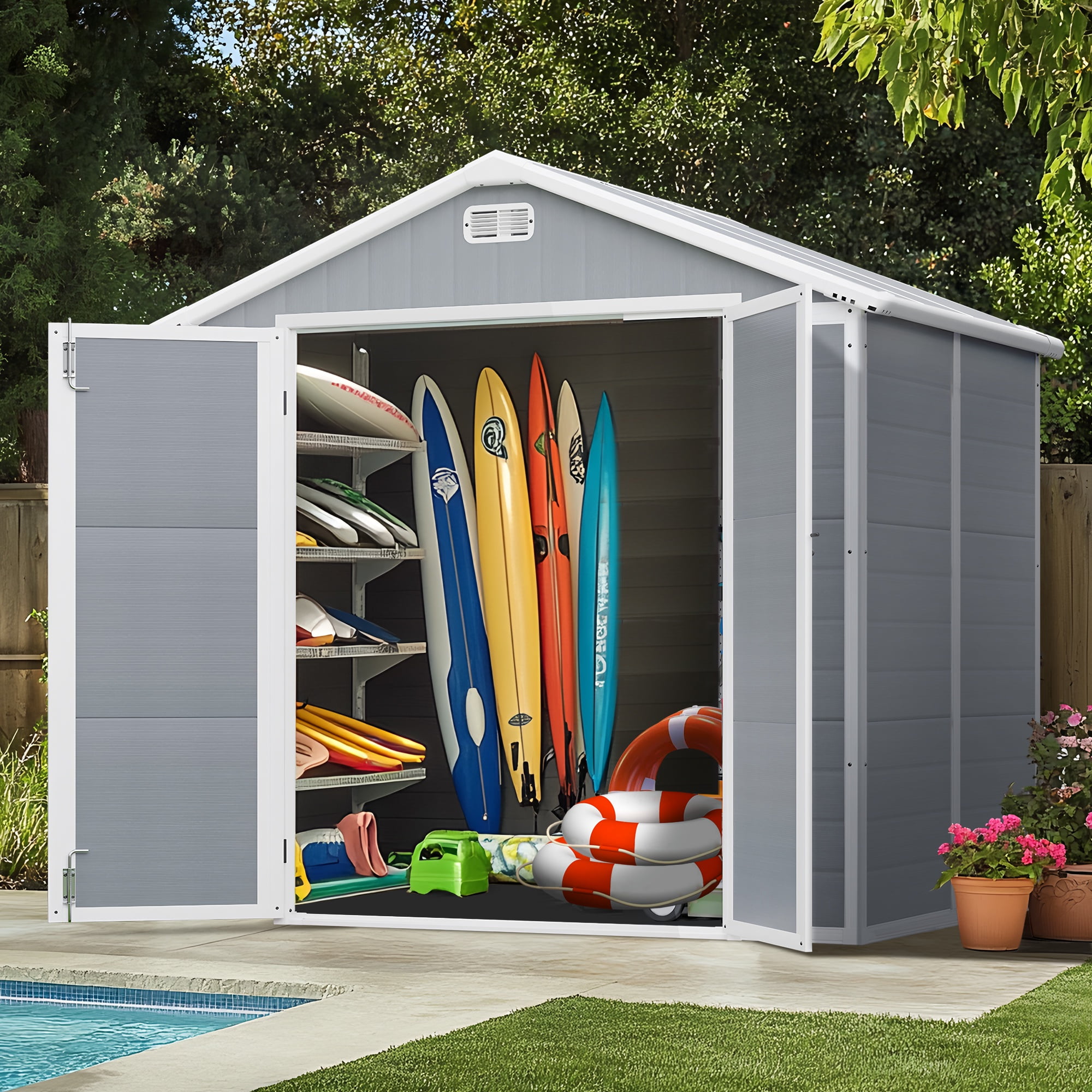 7.5x6.5FT Shed and Outdoor Storage, All-weather Plastic Shed XL Size with Floor, Tool Bike Storage Shed for Garden Yard, Double Vent, Drainage Hole, Multi-purpose Outdoor Storage