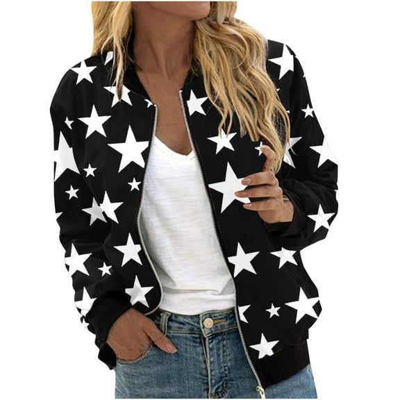 TFEOQRY Women's Casual Outwear Jackets Fashion Printed Outwear Long Sleeved Hooded Casual Zipper Jacket Black
