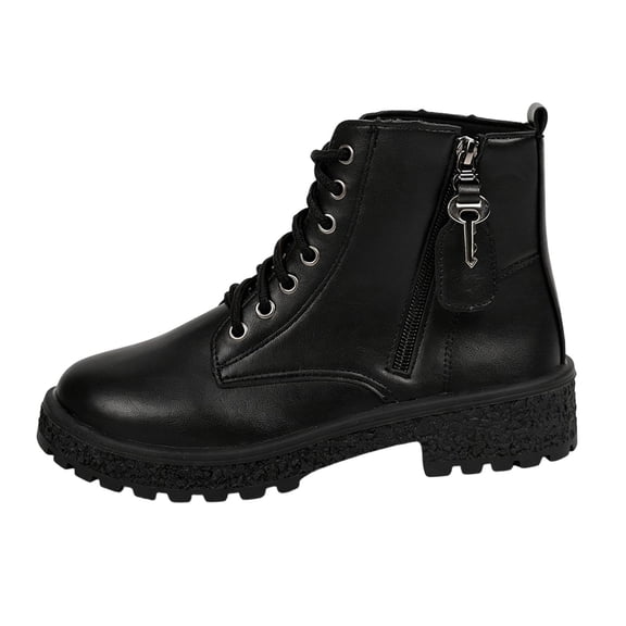 Puntoco Women's Lace-Up Combat Ankle Boots with Chunky Platform Heel Comfortable booties, side zipper Winter Short Boots Black