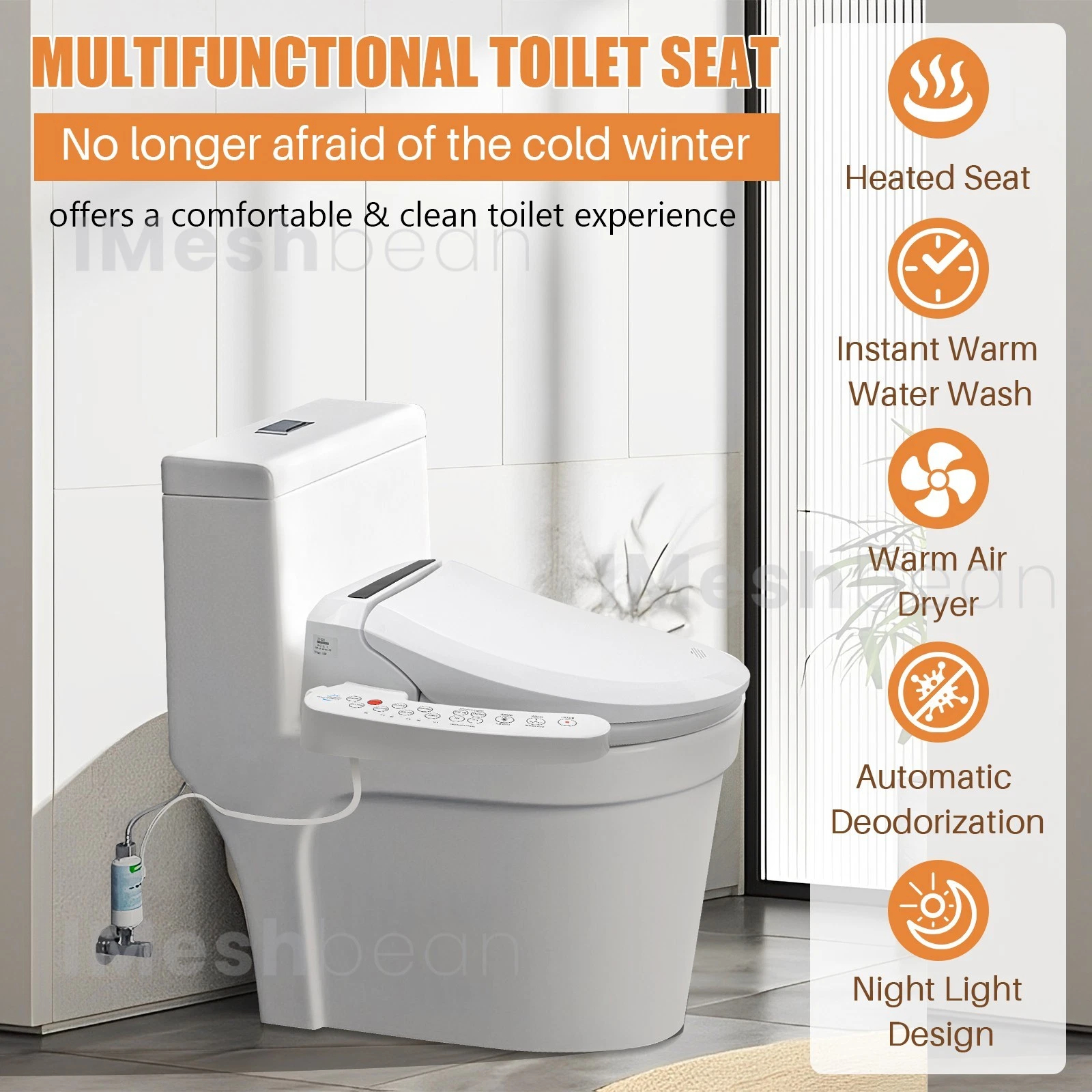 iMeshbean Elongated Smart Toilet Seat, Electric Bidet with Warm Water Warm Air Drying, Night light