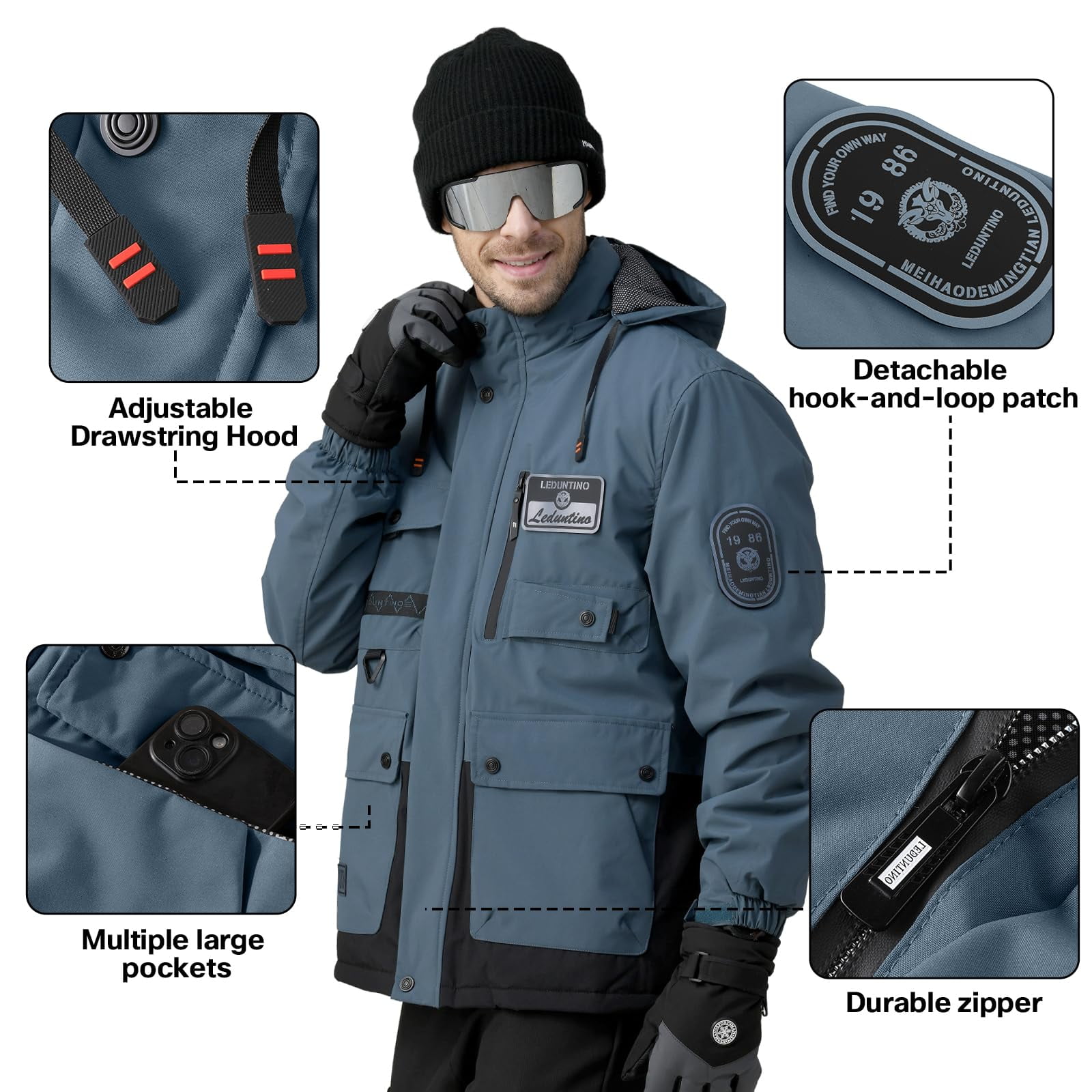 LEDUNTINO Men's Winter Jacket With Hood Water-Resistant Casual Coat Composite Fleece-Lined Outdoor Apparel For Cold Weather