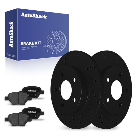 AutoShack 10.62" (269.7 mm) Rear Solid Drilled & Slotted Brake Rotors E-Coated   Ceramic Brake Pads | Replacement for 2004-2012 Chevrolet Malibu | Black Finish | 6-PC Brake Kit | NightGuard