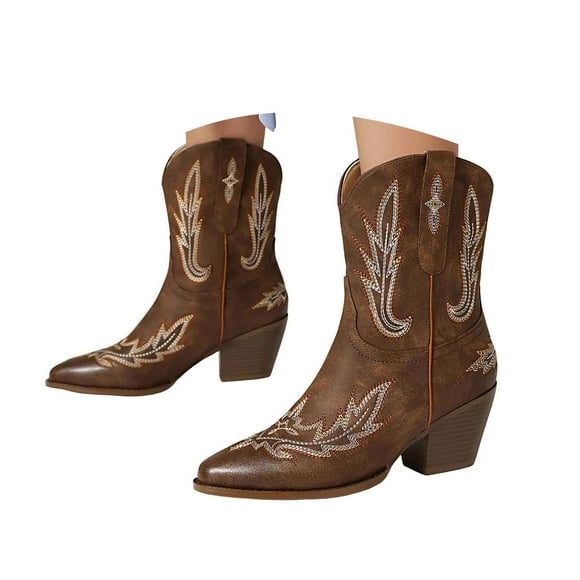 Cowboy Boots for Women Ankle Western Cowgirl Boots Mid Calf Pointed Toe Chunky Heel Classic Short Booties