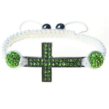 Silver-Tone Cross Green CZ White Cord Macrame Beaded Adjustable Bracelet