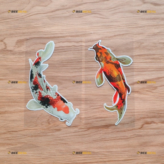 Koi Fish Japanese Colorful Sticker Decal Vinyl - 2 Fishes Glossy, 4 Inches - for Car Boat Laptop 02131