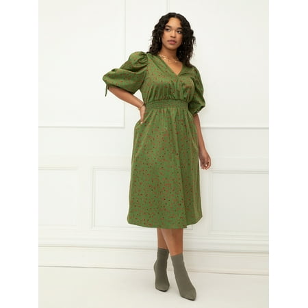 ELOQUII Elements Women's Plus Size Midi Dress with Balloon Sleeves