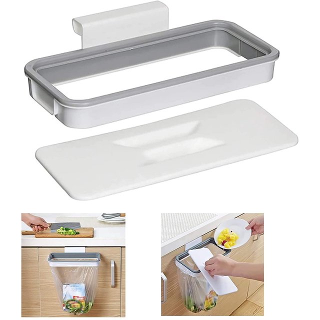 Hanging Trash Can Folded for Kitchen Cabinet Door, 2 Pcs Hanging Kitchen Waste Bins, Rubbish Rack Portable Hanging Organizer Trash Bag Holder with Lid