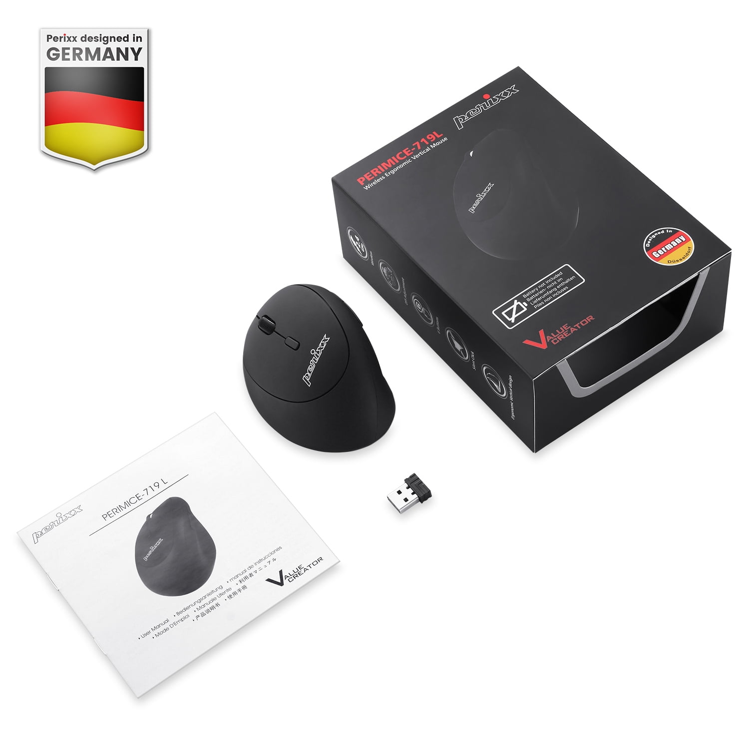 Perixx Perimice-719L, Left Handed USB Wireless Vertical Computer Mouse, Portable Size, 3 Level DPI