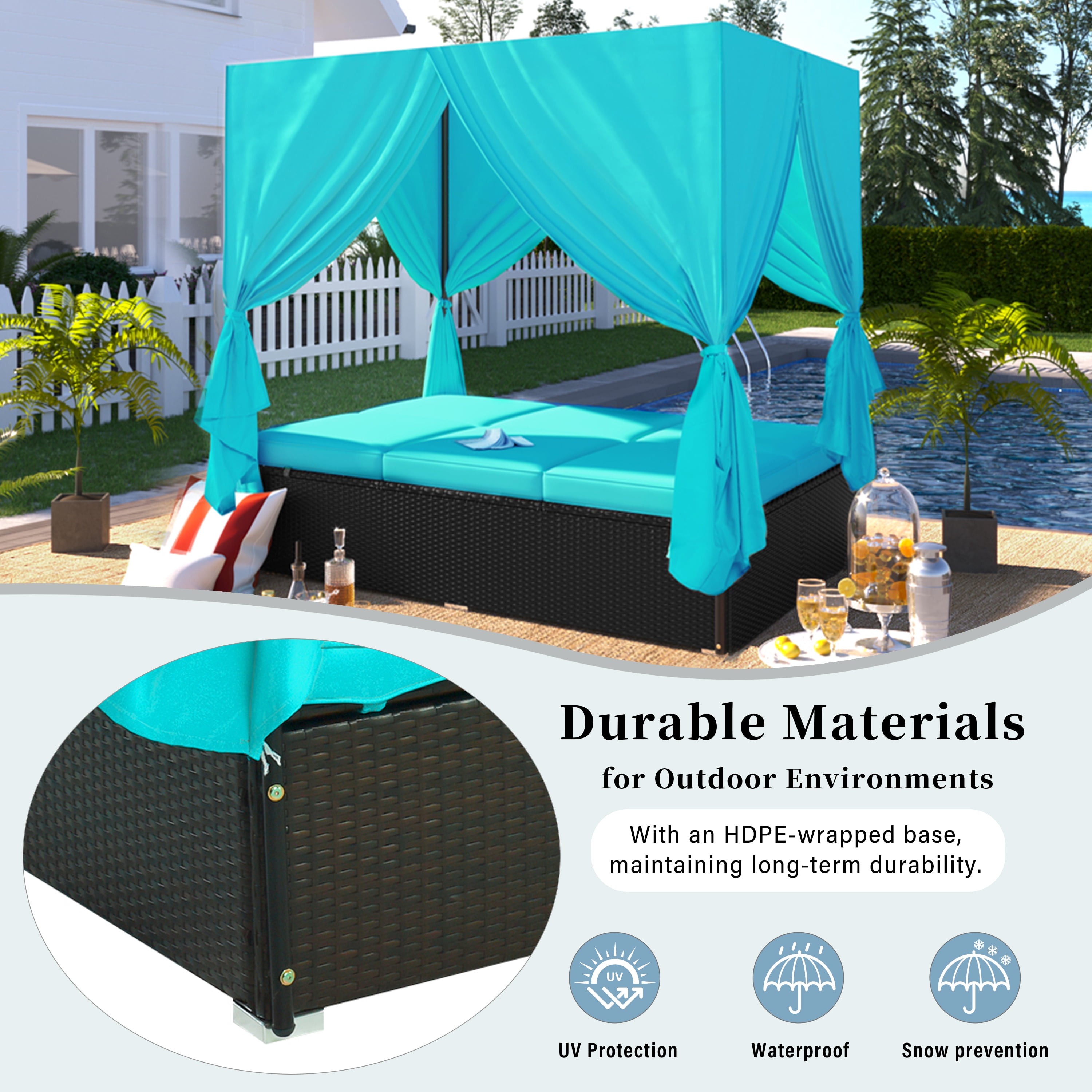 YIORTWO Outdoor Double Chaise Lounge Daybed with Curtains, Adjustable Backrest & Footrest, Steel Frame Loveseat Sofa for Backyard Poolside, Blue