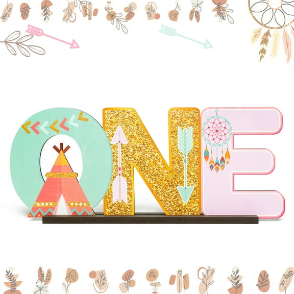 ONE Letter Wooden Ornament Set for 1 Year Old Girl, 35cm Bohemian Ornament for Party Decoration