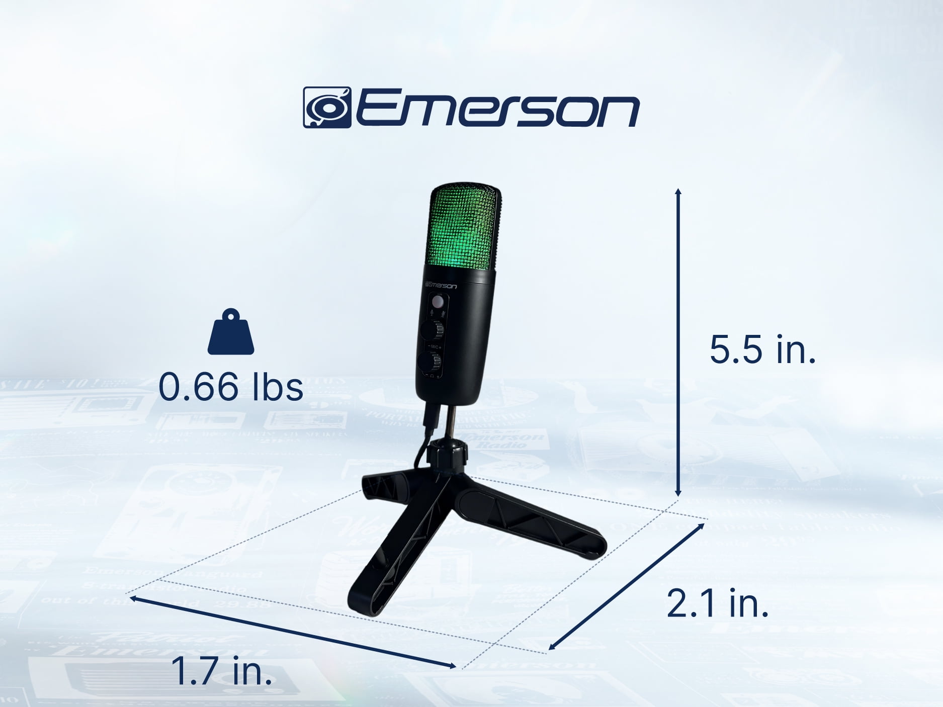 Emerson EAM-9052 USB Gaming & Streaming Condenser Microphone with LED Lighting and Pop Filter, Black