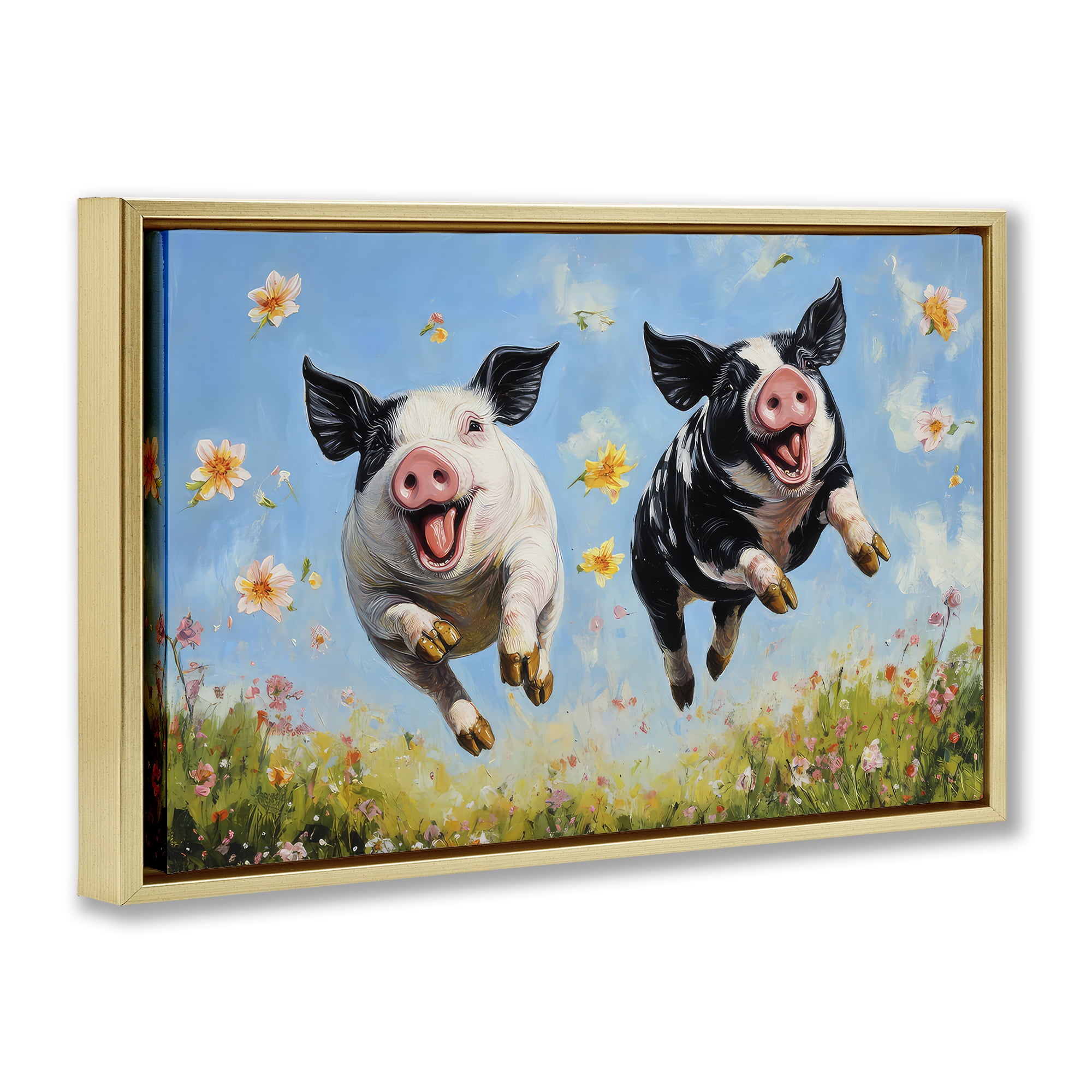 Stupell Industries Flying Pigs & Flowers Gold Framed Floater Canvas Wall Art, design by The Wands Want