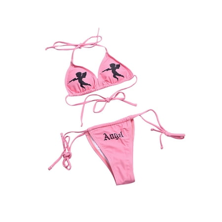 

Dmagnates Women Sexy Beach Swimwear Bikini Suit Push Angel Halter Back Tie-Up Bra + Side Strappy Letter Triangle Panty 2Pcs Clothes Set