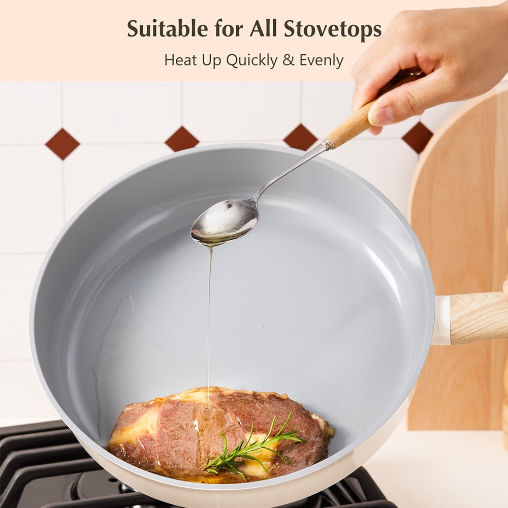 Koch Systeme CS 3 Piece Nonstick Frying Pan Set, 8, 9.5 & 11 inch‌ Cookware Set, Induction Compatible Skillet, Dishwasher Safe, Cream White