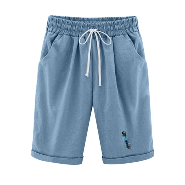 PEZHADA Shorts Taille 16 Femmes Capris à Imprimé Plume à la Mode avec Cordon de Serrage