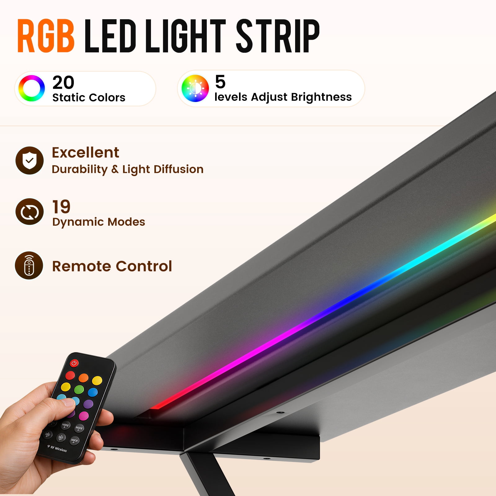 CLOUDREST PTO 42" L-Shaped Office Desk with Power Outlets & RGB LEDs, Black