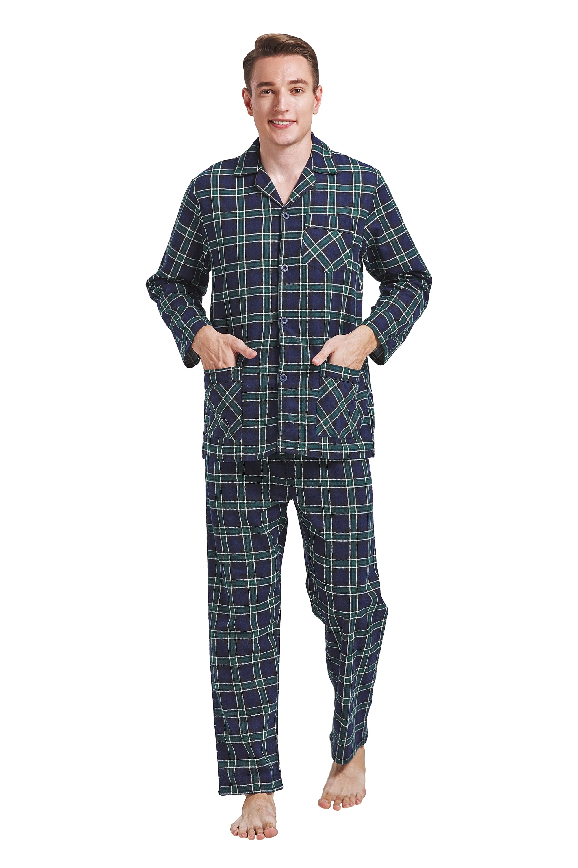 GLOBAL Men's Pajamas Sets 100 Cotton Flannel Sleepwear LongSleeve Top