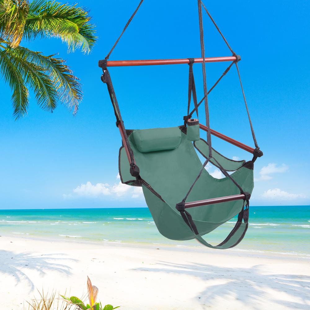 Portable Hammock Rope Chair Garden Beach Camping Hanging Rope Swing,Portable Hammock Chair for Kids, Outdoor Seat with Detachable Pillow, Cup Holder, Carrying Bag - Green - image 1 of 9