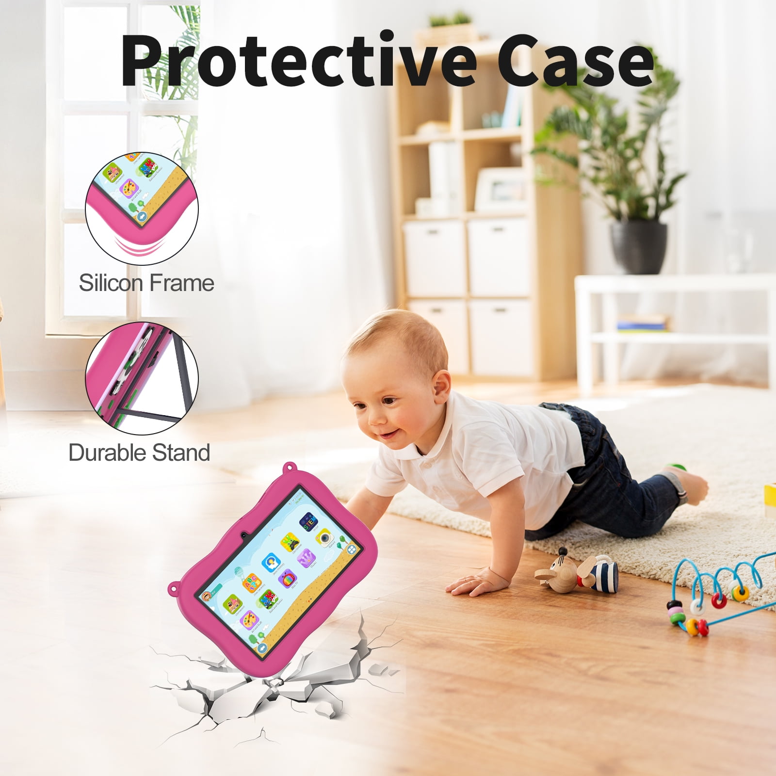 Tablet 7 inch Kids Tablet,Android 13,4GB RAM 32GB ROM,1024x600 Touch Screen with Kid-Proof Case,Parental Control,Pink