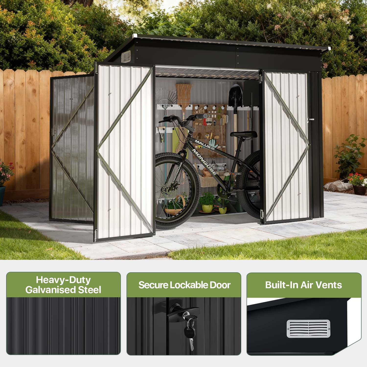 BaPiPro 8'x4' Metal Storage Shed - Lockable Bike Shed with Triple Doors & Vents, Outdoor Storage and Shed for Garden, Backyard, Patio, Black