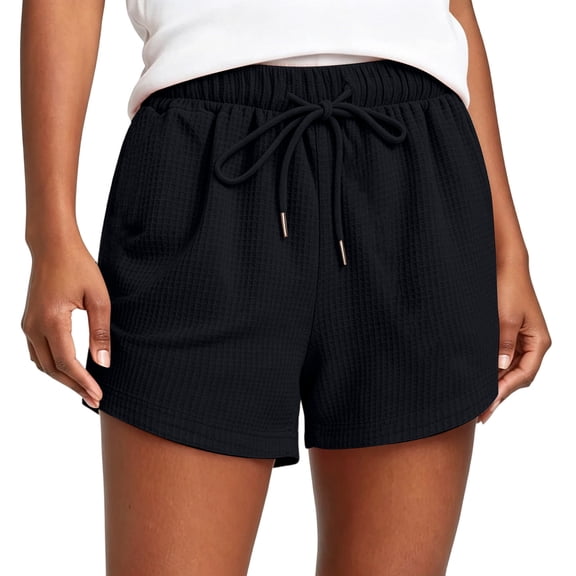 Gamivast Women's Waffle Knit Shorts Casual Summer Lounge Sweatshorts Elastic Waist Drawstring Pajama Shorts with Pockets Comfortable Sleep Everyday Wear Black M