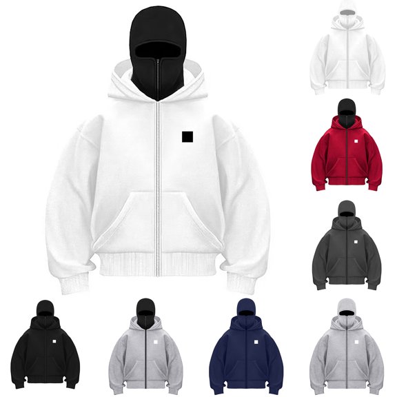 zaveiop Jacket Zip up Fashion Double Layer Balaclava Hoodie Hip Hop Outerwear Jacket Y2K Clothing for Men and Women (Red, L)