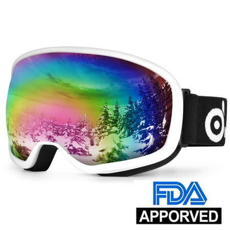 Ski Goggles Men Double Lens Odoland Large Spherical Ski Goggles for Kids Aged 8-16 Otg goggles S2 Double Anti-Fog Lens with Uv400 Protection-White ()