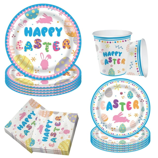 Décorations de Fête de Pâques 64 Pcs Décoration Lapin de Pâques Fournitures de Fête Plateau en Papier Jetable, Ensemble de Gobelets en Papier Assiettes en Papier de Pâques