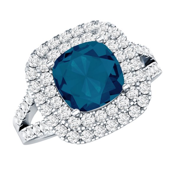 Rosec Jewels London Blue Topaz Engagement Ring with Double Halo - Cushion Cut Ring - AAA Quality Certified - With Jewelry Box, 925 Sterling Silver, US 4.00