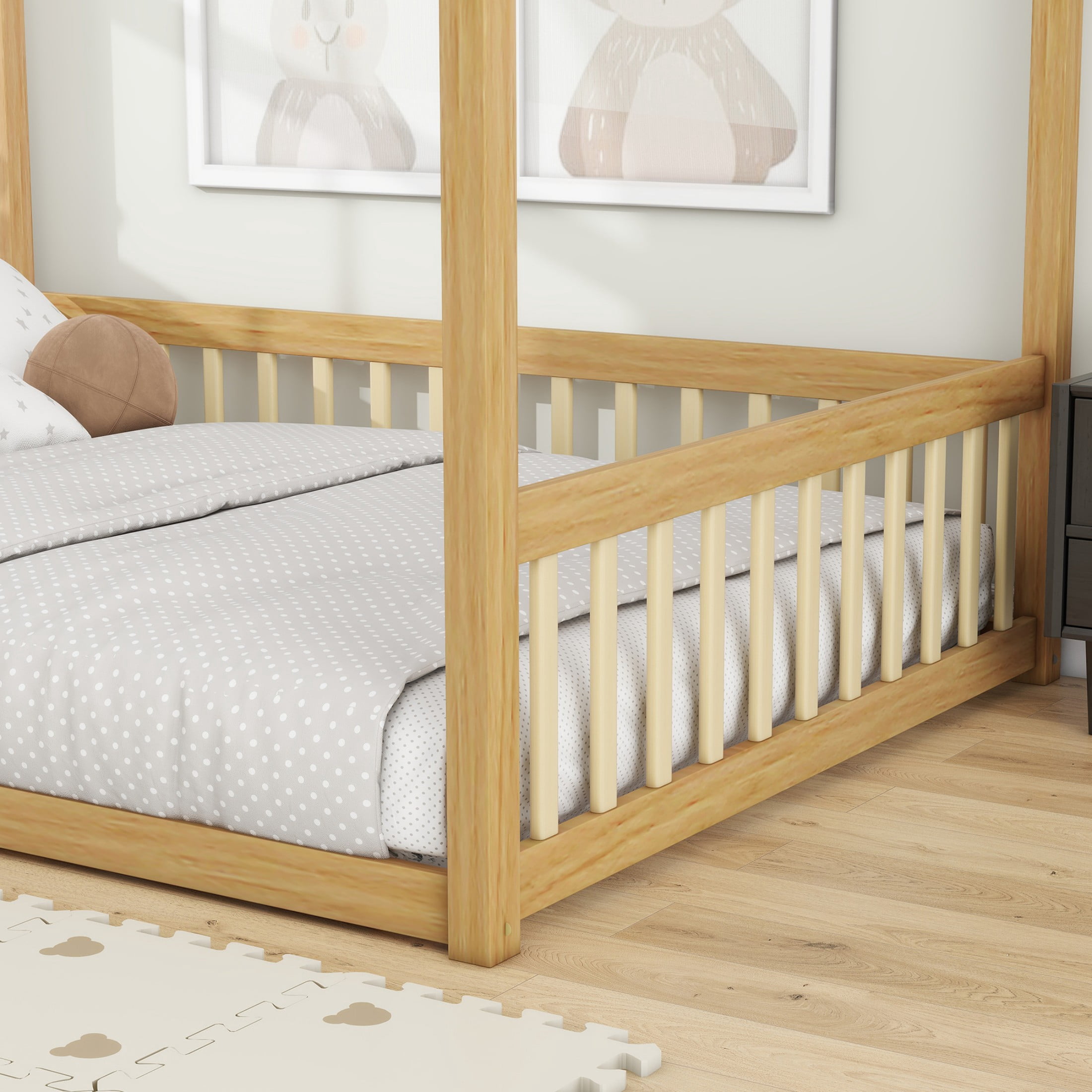Alvantor Full Size Canopy Bed, Rubber Wood Floor Bed with Fence Guardrails, Natural